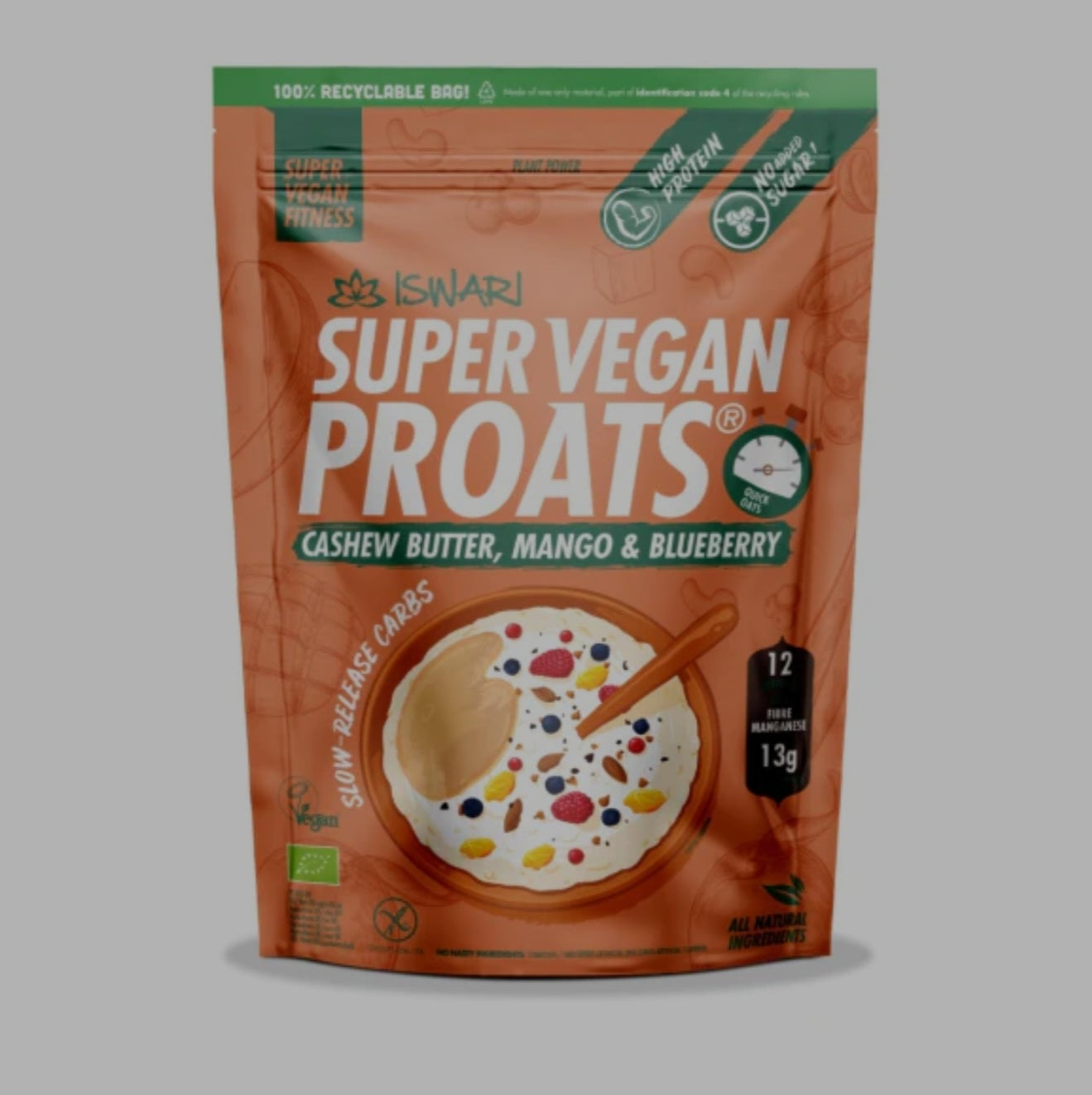 Iswari, BIO Super Vegan Proats, Cashew Butter, Mango & Blueberry, Gluten Free, 750g